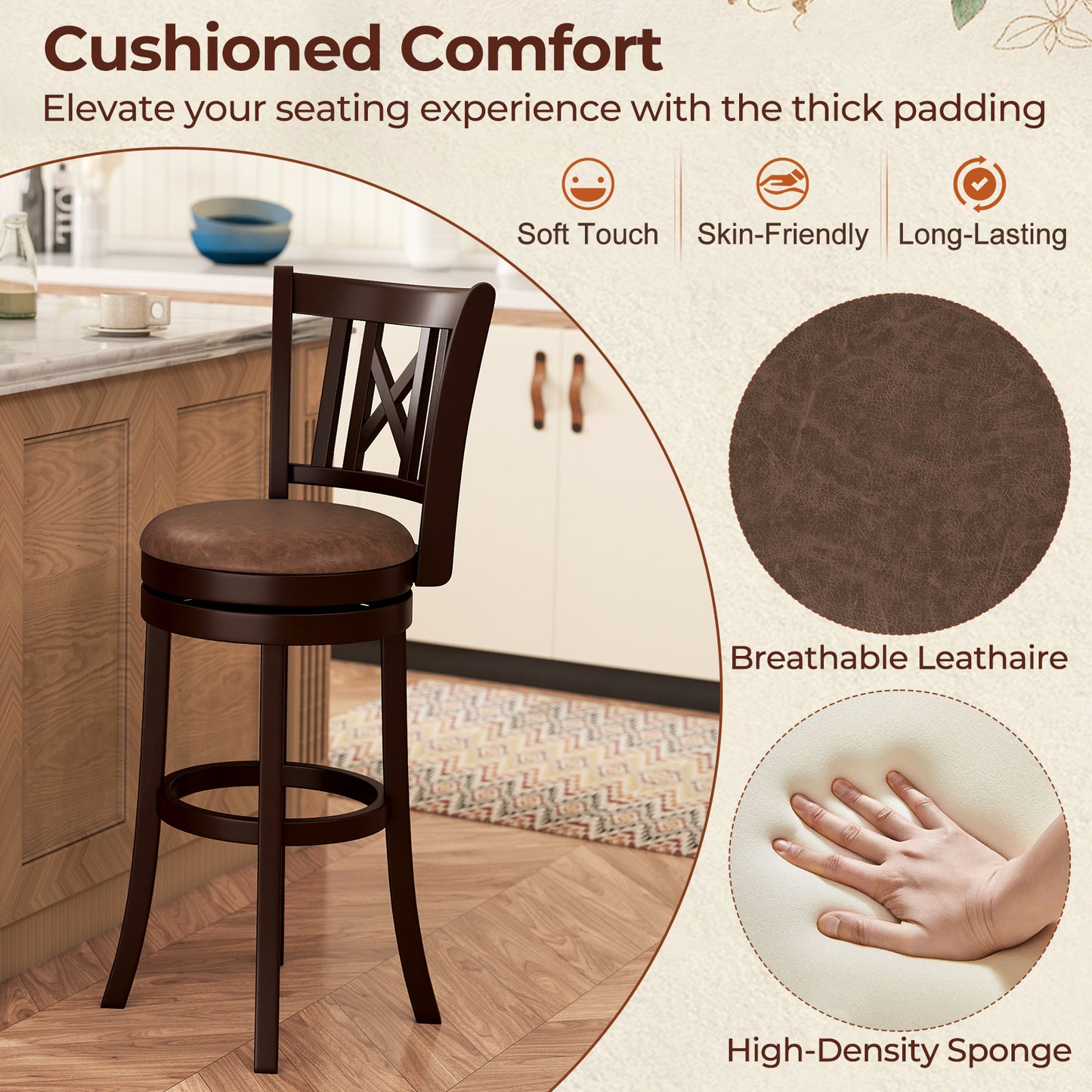 Set of 2 Bar Stools Swivel Bar Chairs with Footrest and Hollowed Backrest-30 inches