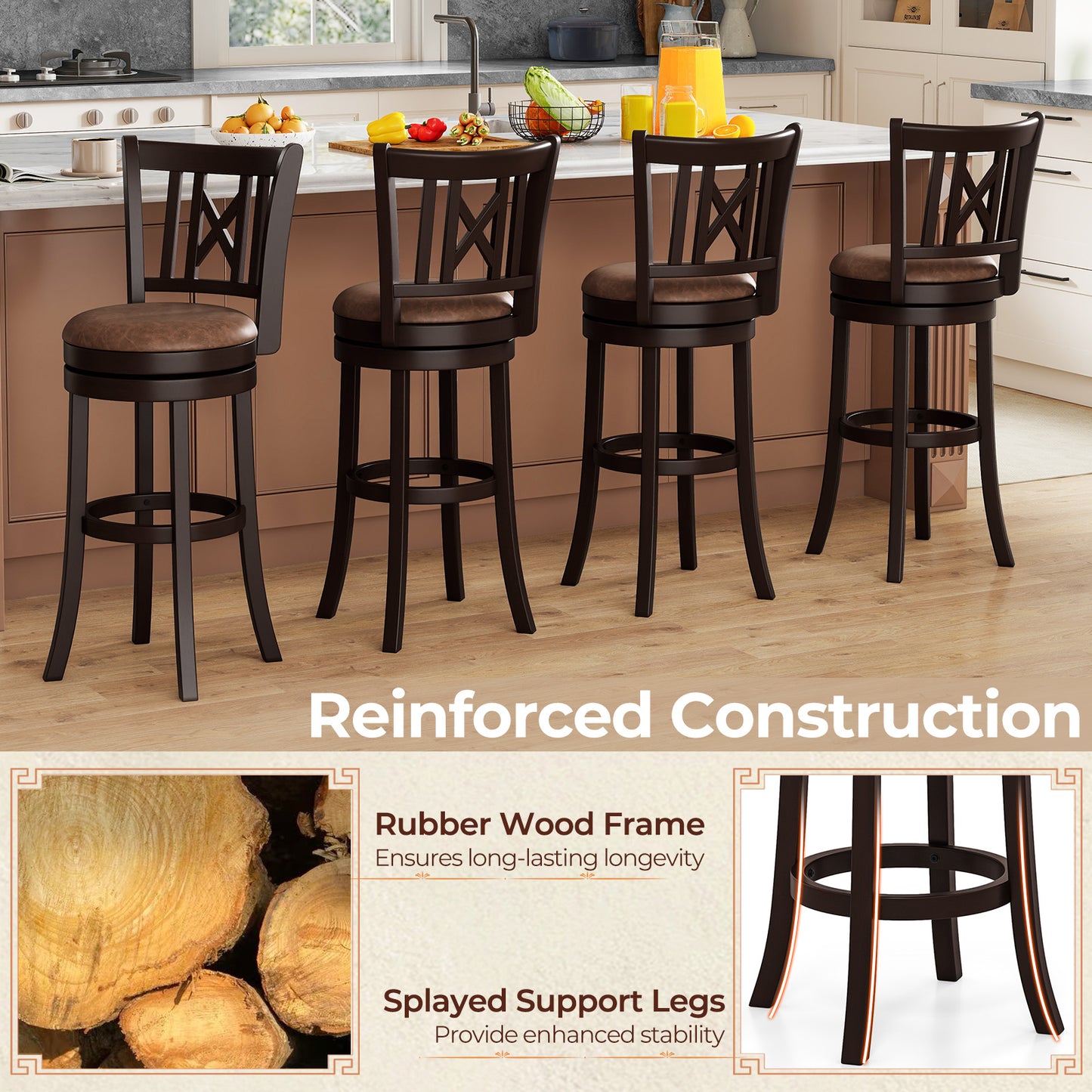Set of 2 Bar Stools Swivel Bar Chairs with Footrest and Hollowed Backrest-30 inches