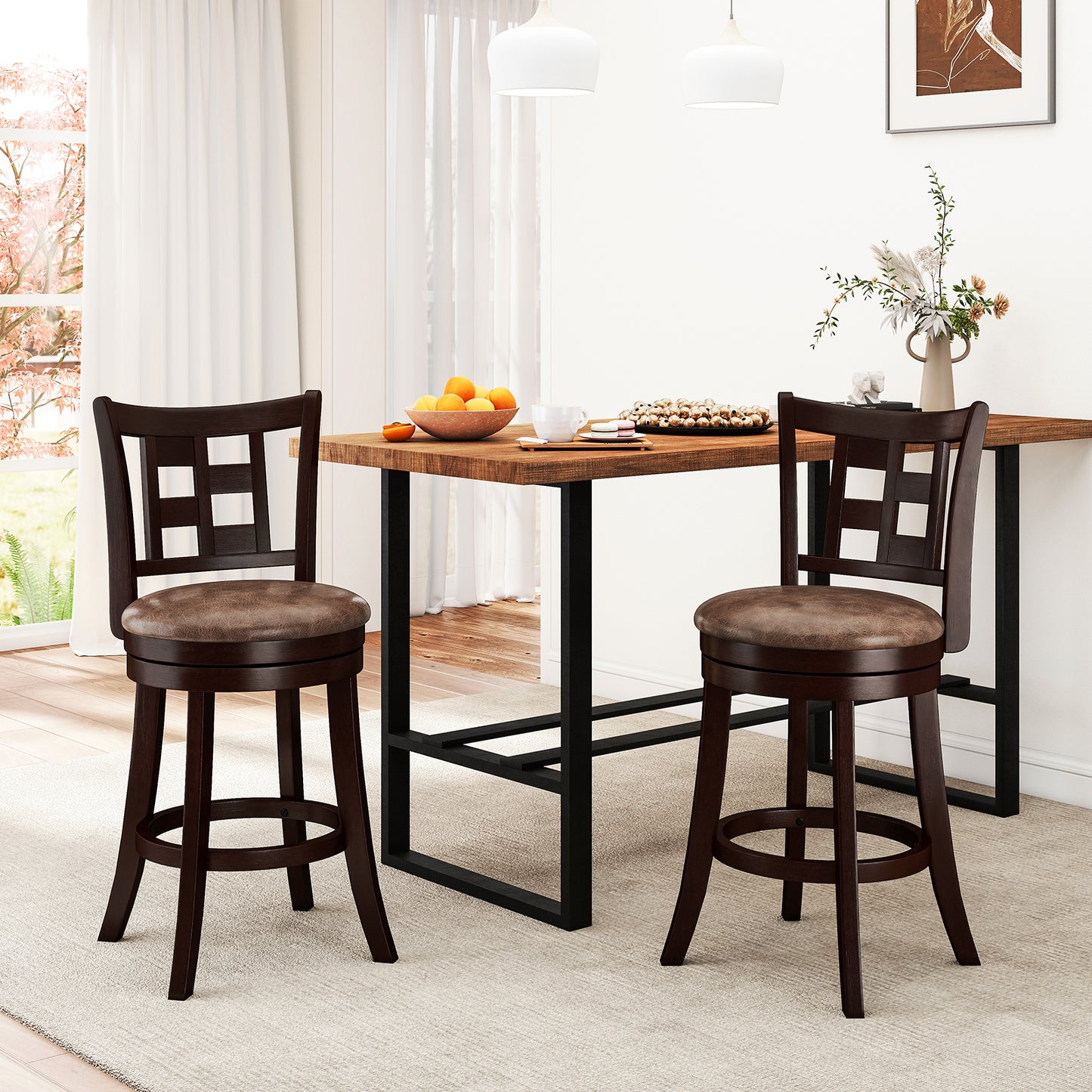 Set of 2 Bar Stools Swivel Bar Chairs with Footrest and Lattice Backrest-26 inches