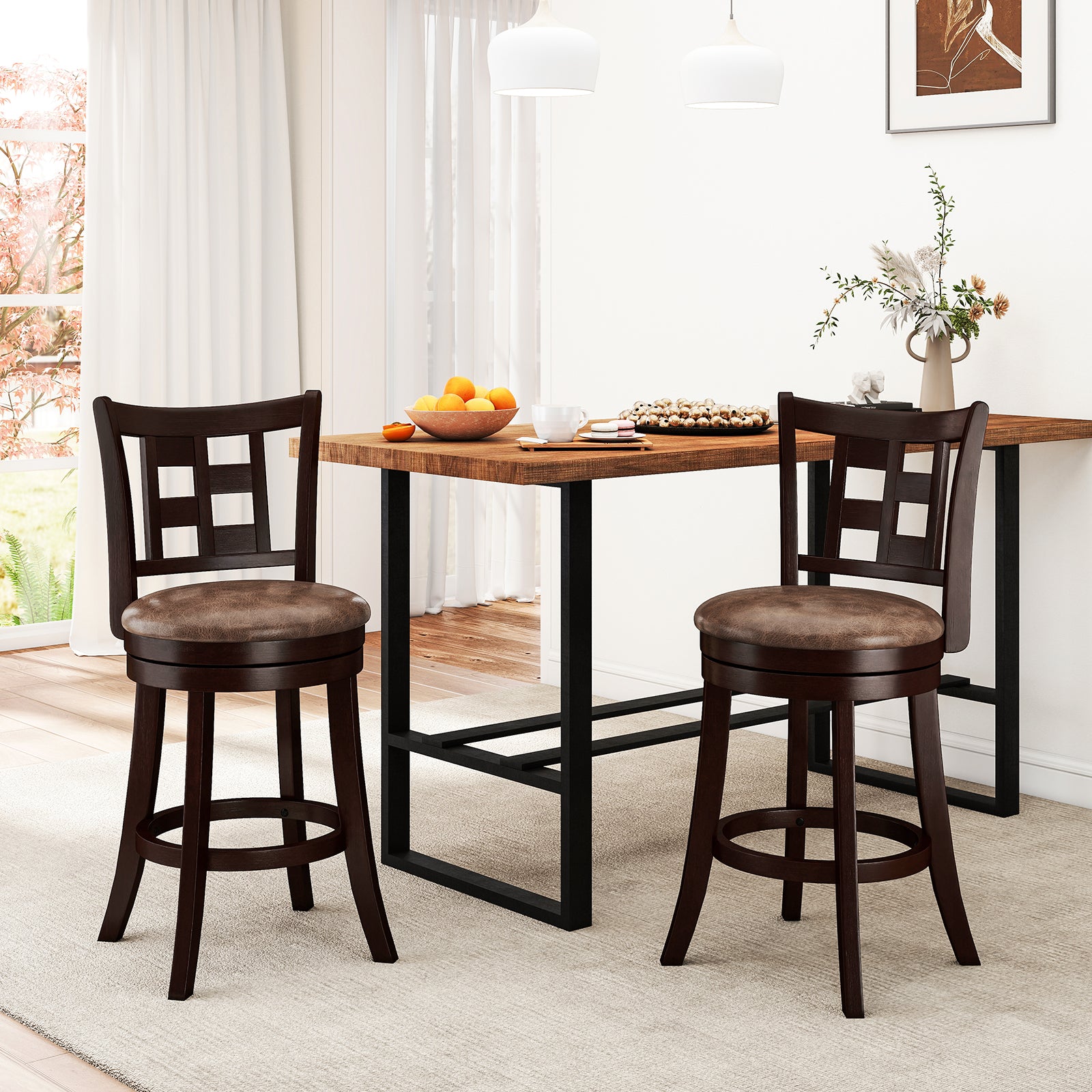Set of 2 Bar Stools Swivel Bar Chairs with Footrest and Lattice Backrest-26 inches