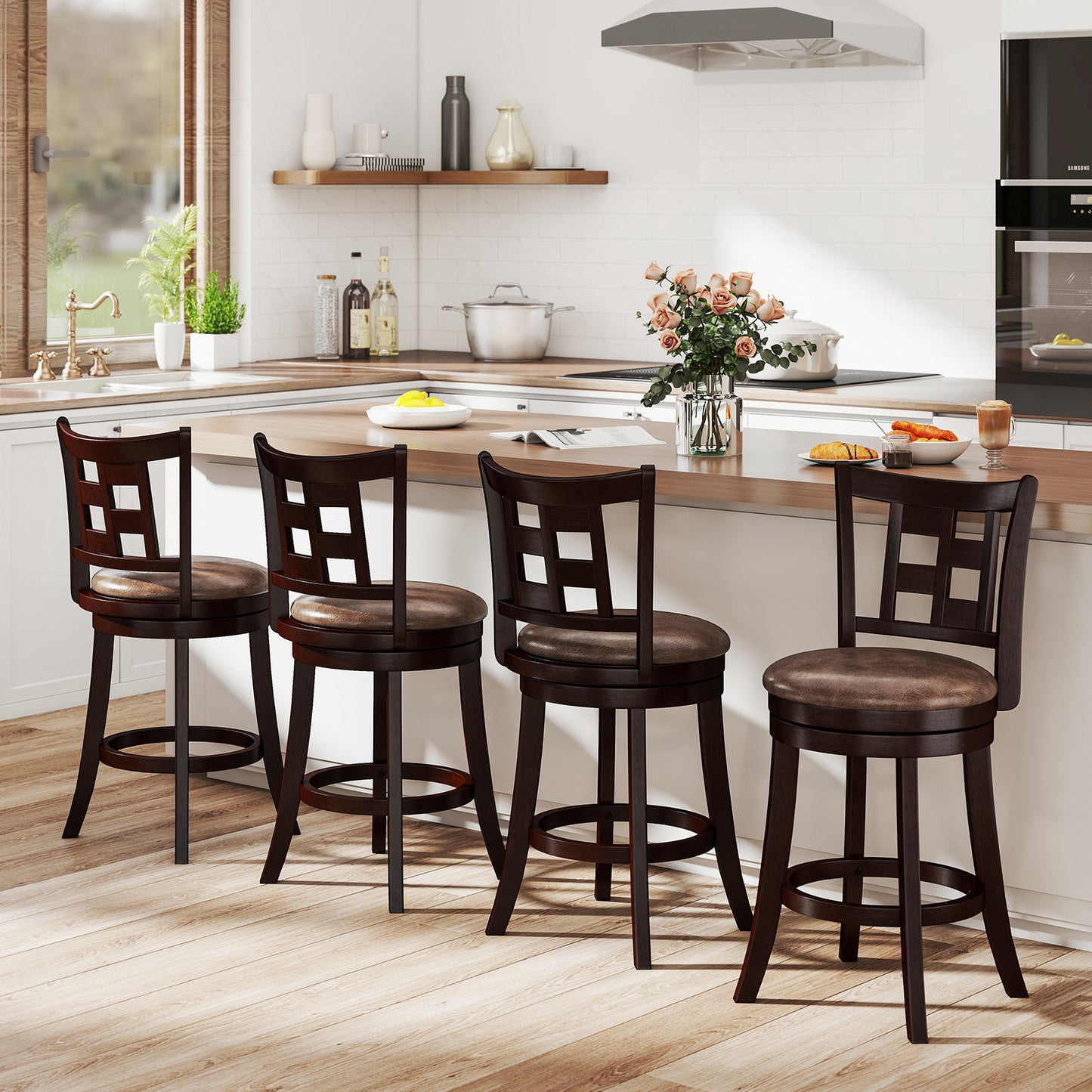 Set of 2 Bar Stools Swivel Bar Chairs with Footrest and Lattice Backrest-26 inches