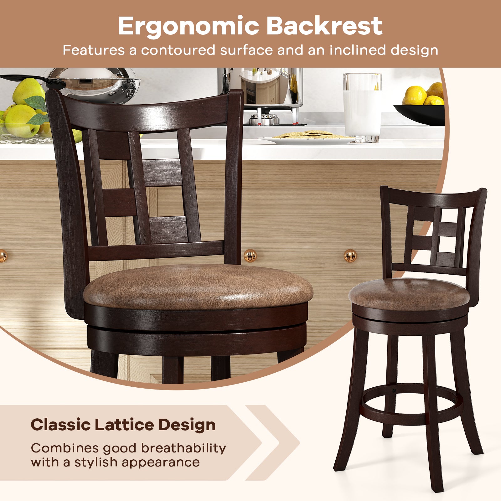 Set of 2 Bar Stools Swivel Bar Chairs with Footrest and Lattice Backrest-26 inches