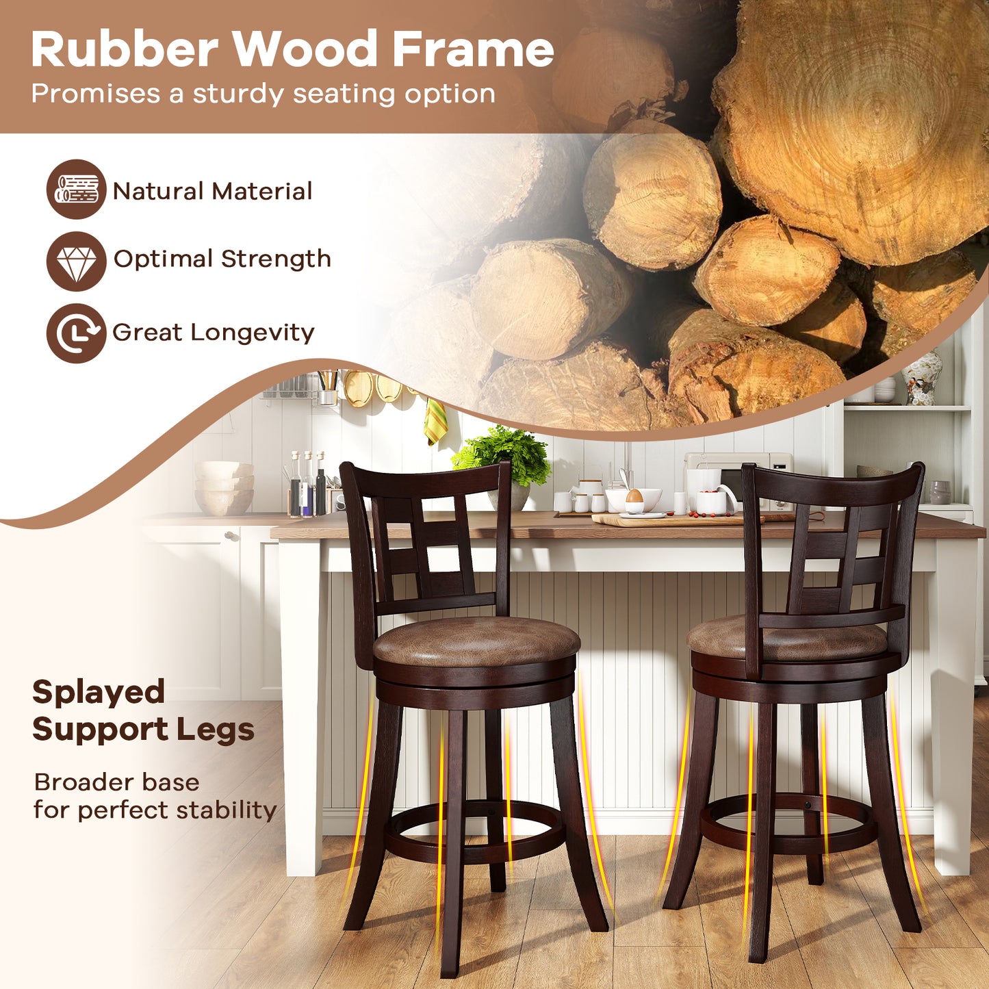 Set of 2 Bar Stools Swivel Bar Chairs with Footrest and Lattice Backrest-26 inches