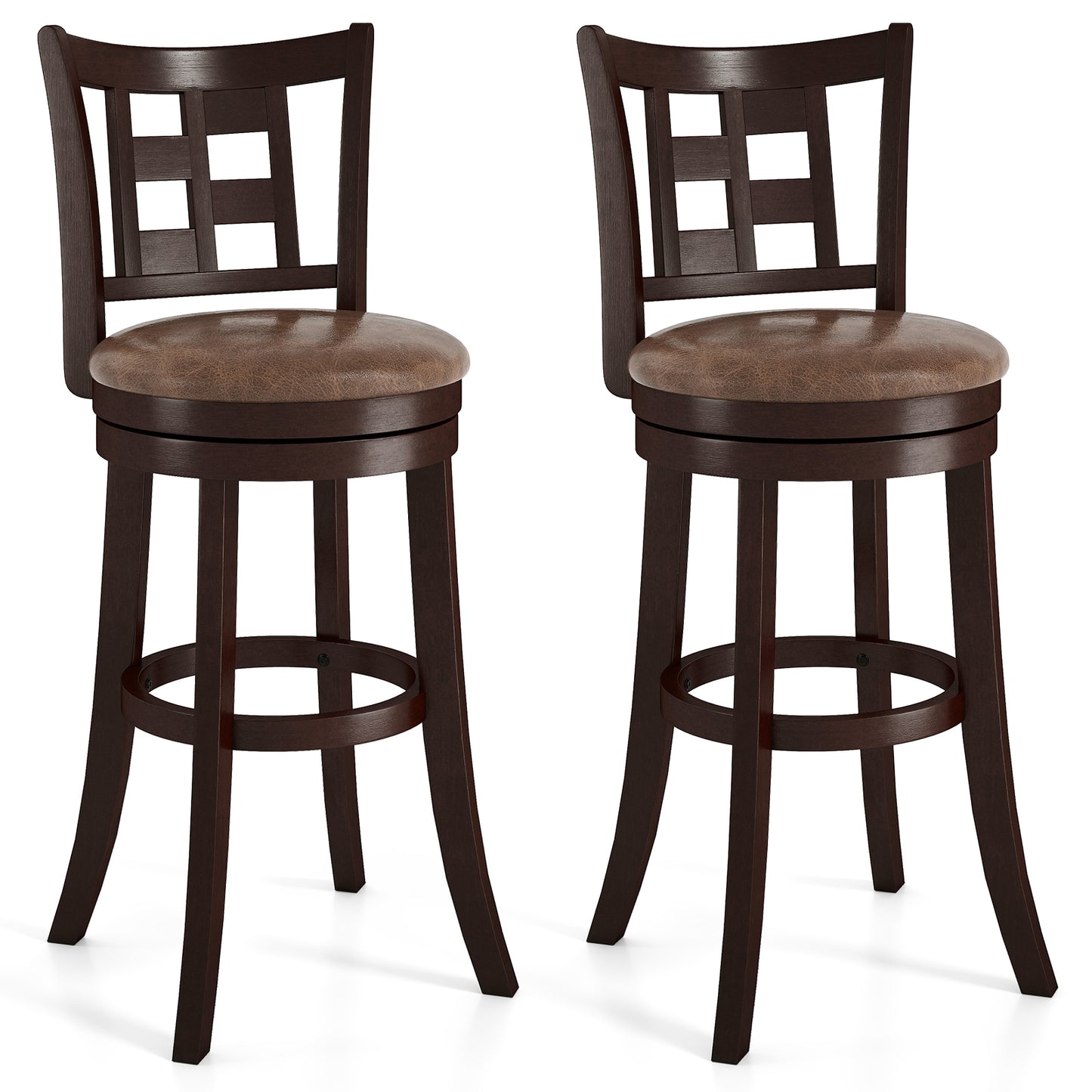Set of 2 Bar Stools Swivel Bar Chairs with Footrest and Lattice Backrest-30 inches