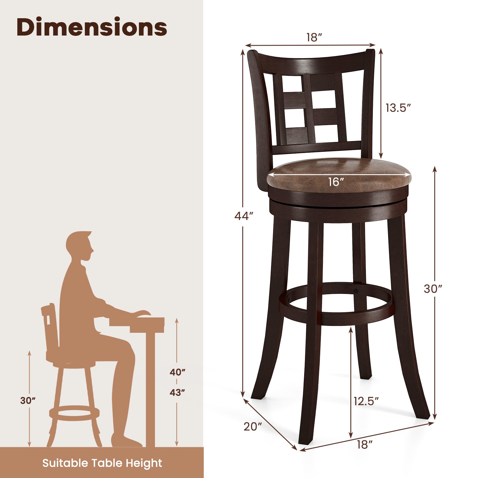 Set of 2 Bar Stools Swivel Bar Chairs with Footrest and Lattice Backrest-30 inches
