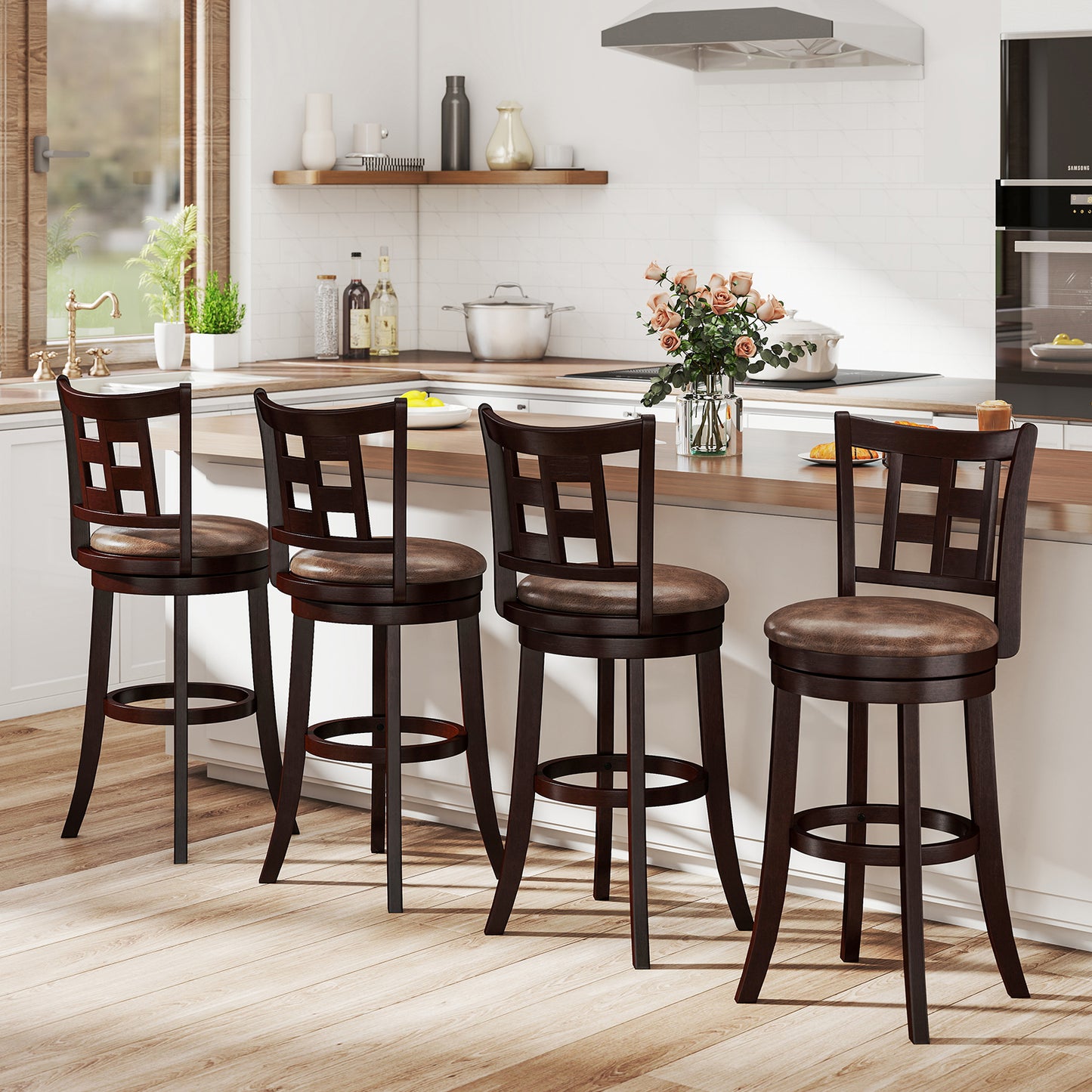 Set of 2 Bar Stools Swivel Bar Chairs with Footrest and Lattice Backrest-30 inches