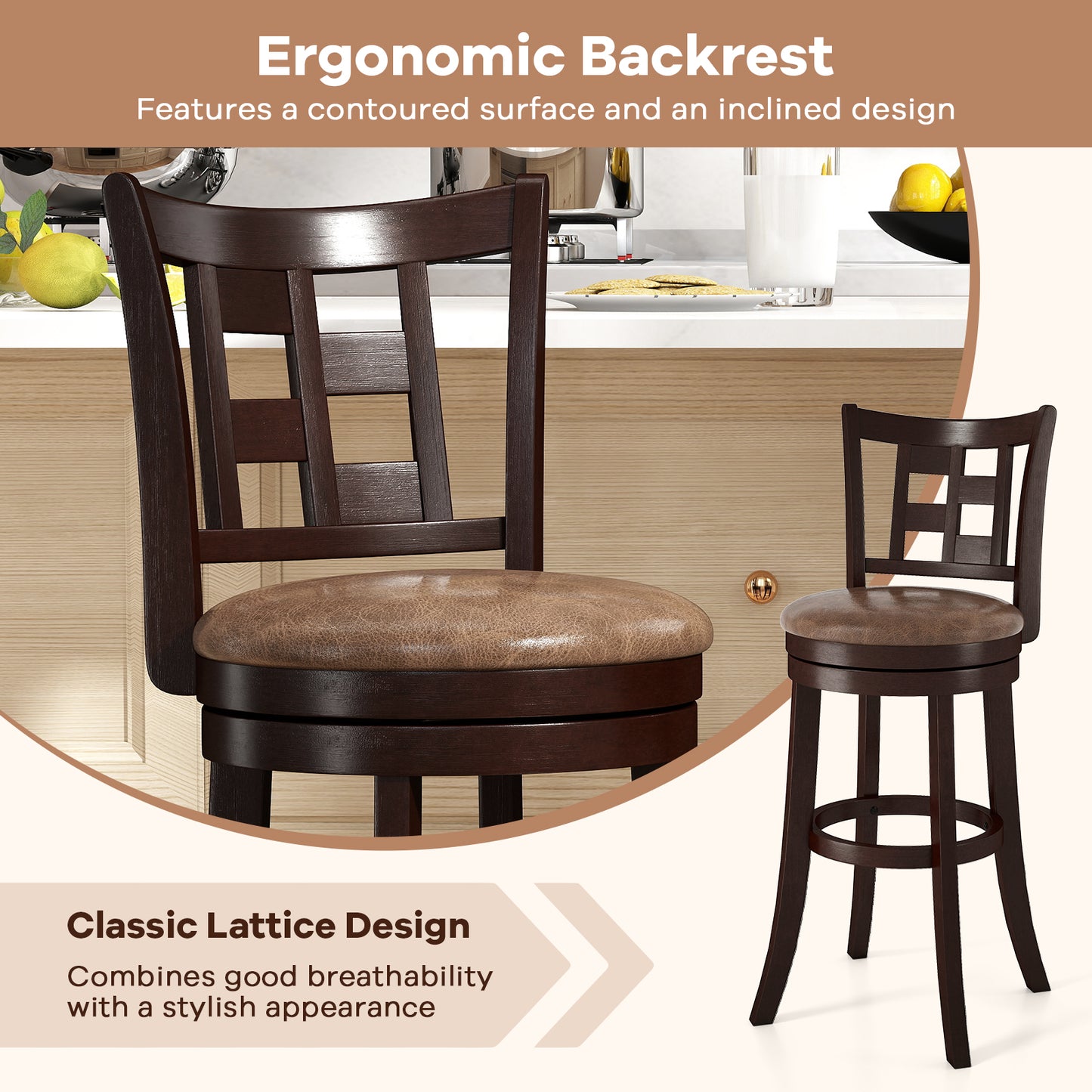 Set of 2 Bar Stools Swivel Bar Chairs with Footrest and Lattice Backrest-30 inches