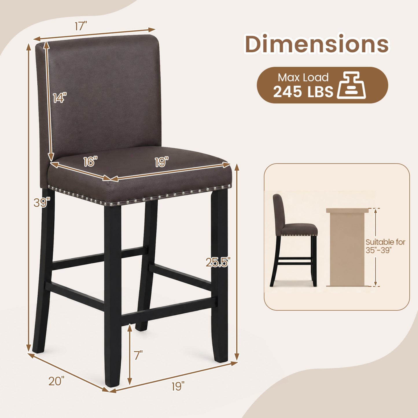 Bar Stools with Back Set of 2 - 25.5" Counter Height