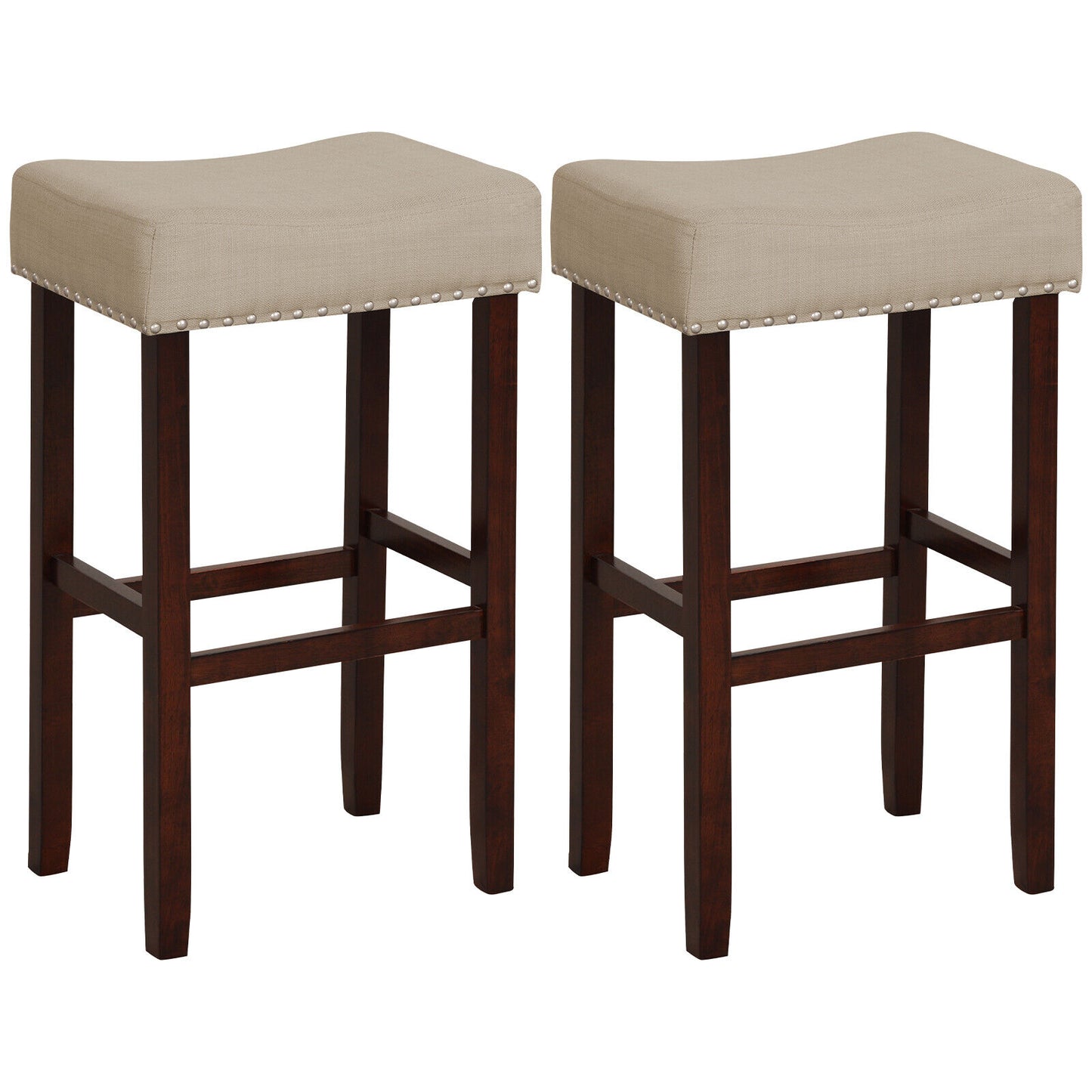 29 Inch Set of 2 Height Upholstered Bar Stool with Solid Rubber Wood Legs and Footrest-Gray