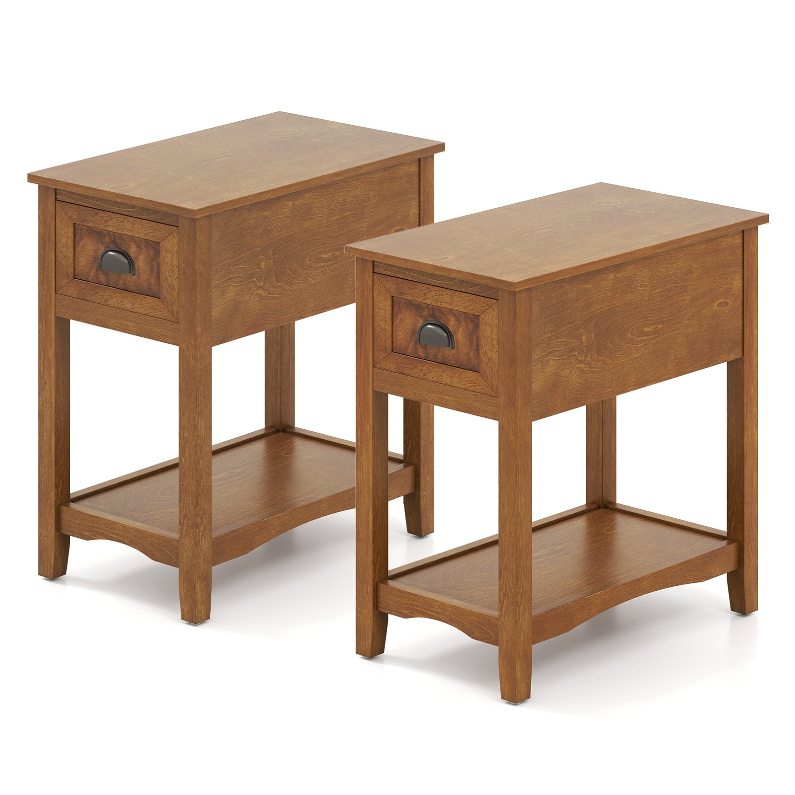 2 Pieces Retro Narrow Tiered End Table with Drawer and Storing Shelf-Brown - Natural