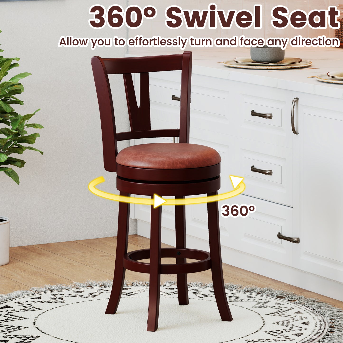 Set of 2 Counter Height Swivel Barstools with High Backs and Footrests-26 inches