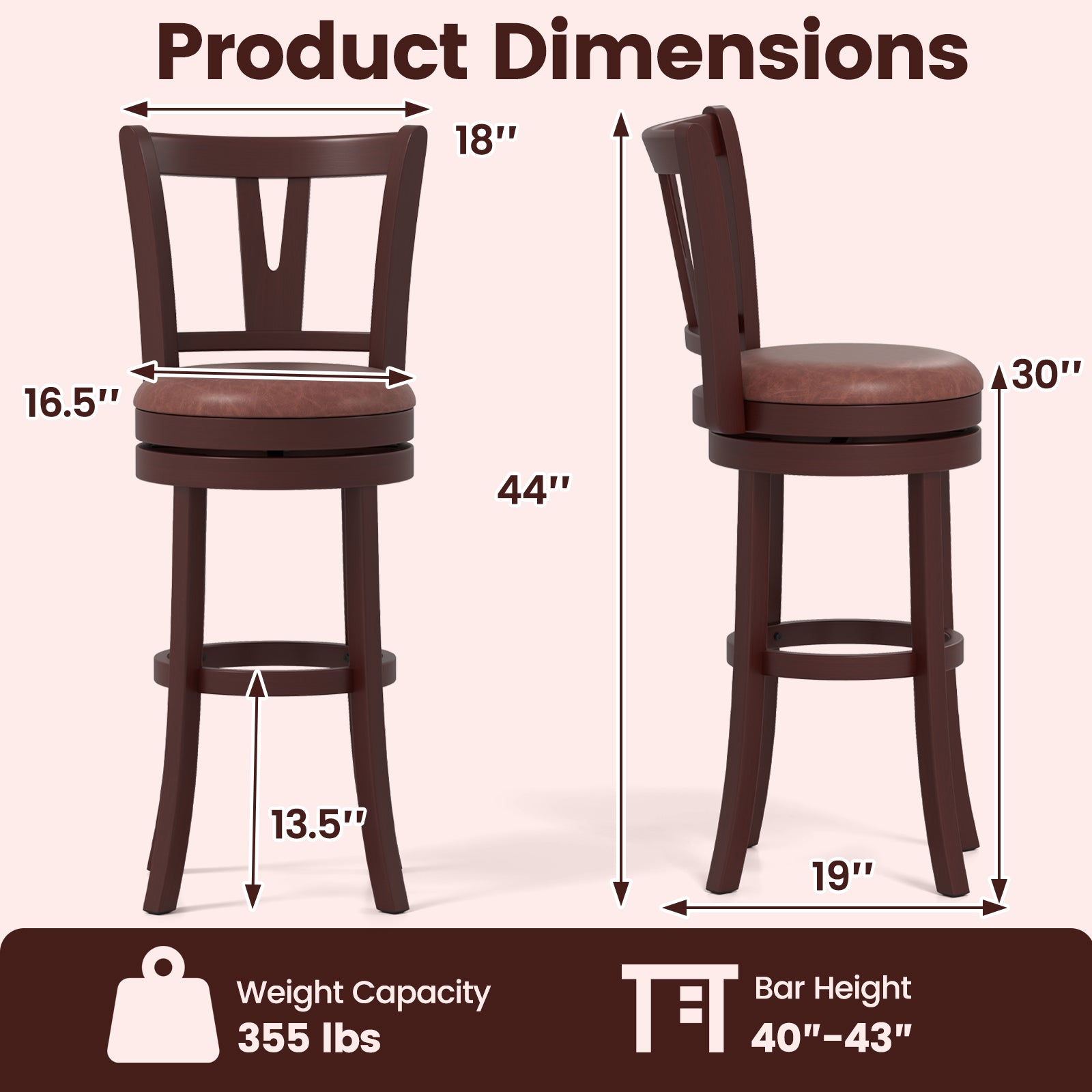 Set of 2 Counter Height Swivel Barstools with High Backs and Footrests-30 inches