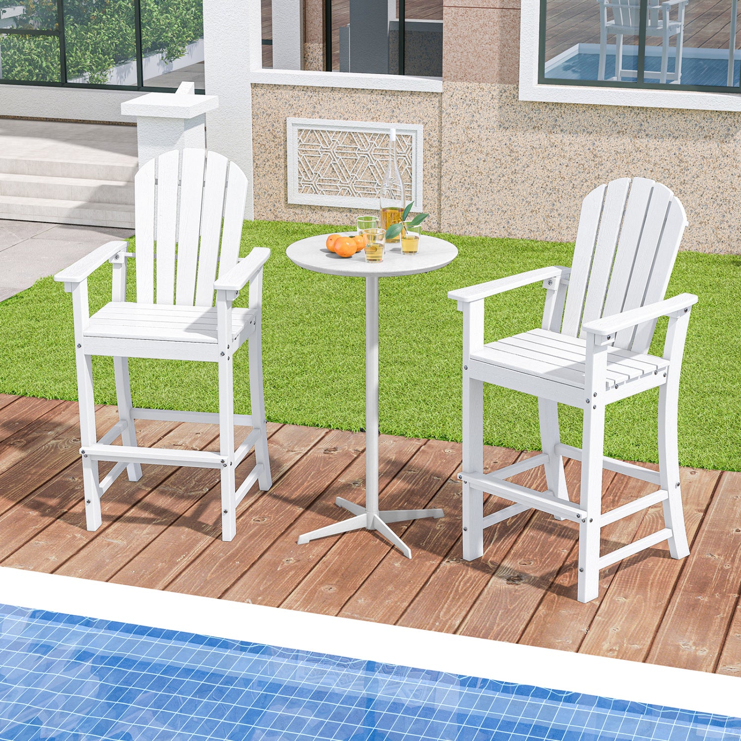 Set of 2 Counter Height Outdoor HDPE Bar Stool with Armrests and Footrest-White