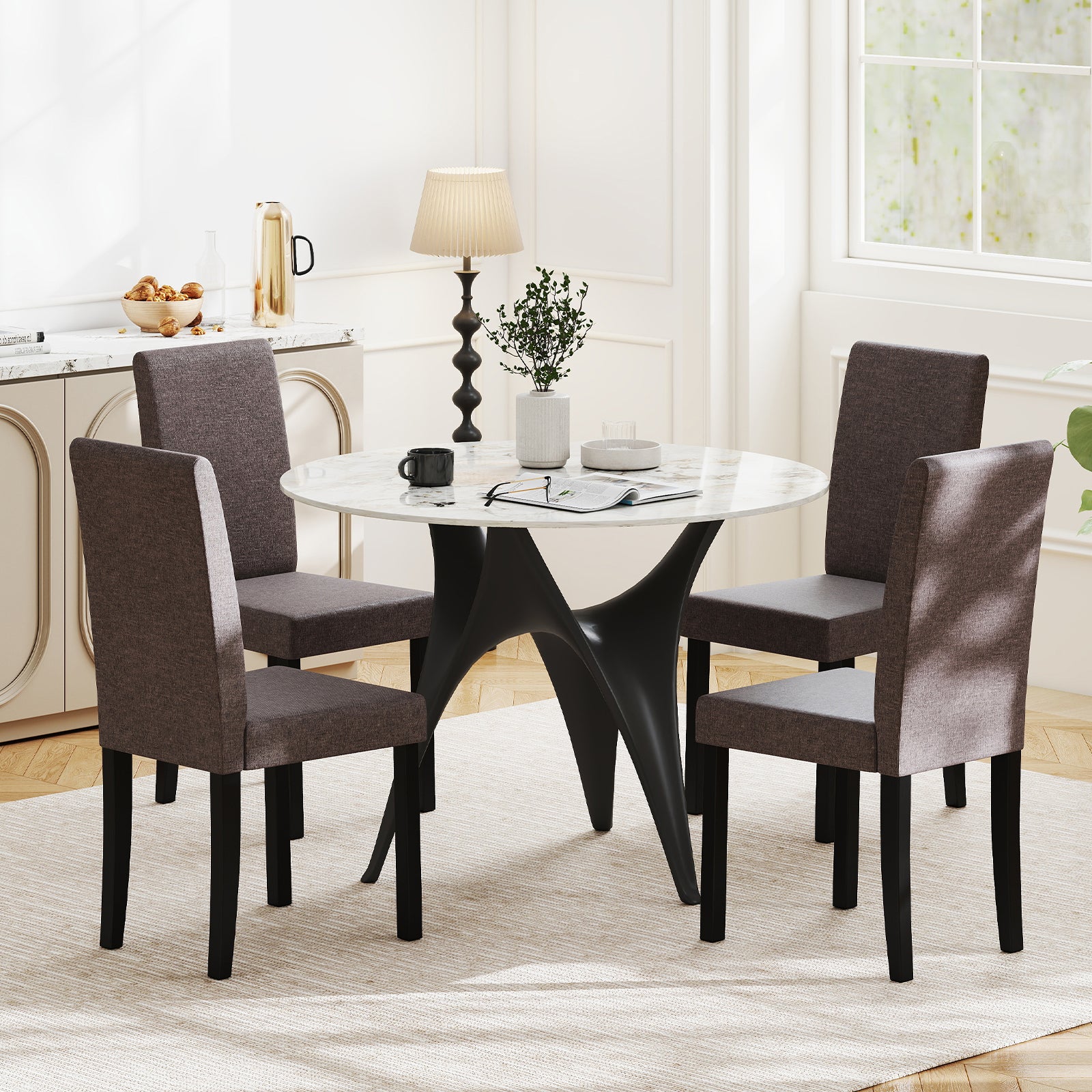Set of 2 Dining Chair Mid-Century Modern Fabric Upholstered Parson Chairs-Brown