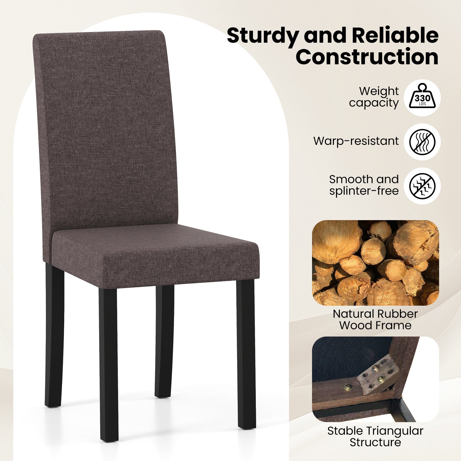 Set of 2 Dining Chair Mid-Century Modern Fabric Upholstered Parson Chairs-Brown