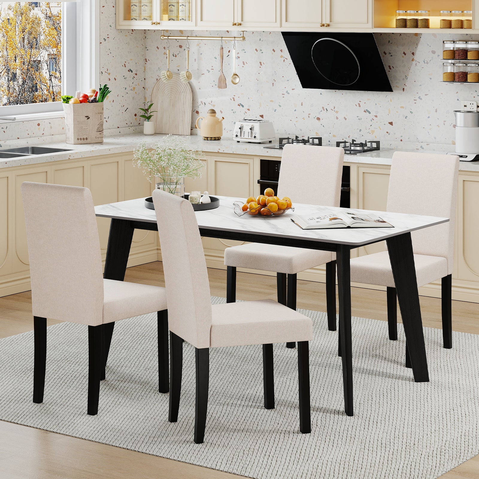Set of 2 Dining Chair Mid-Century Modern Fabric Upholstered Parson Chairs-Beige