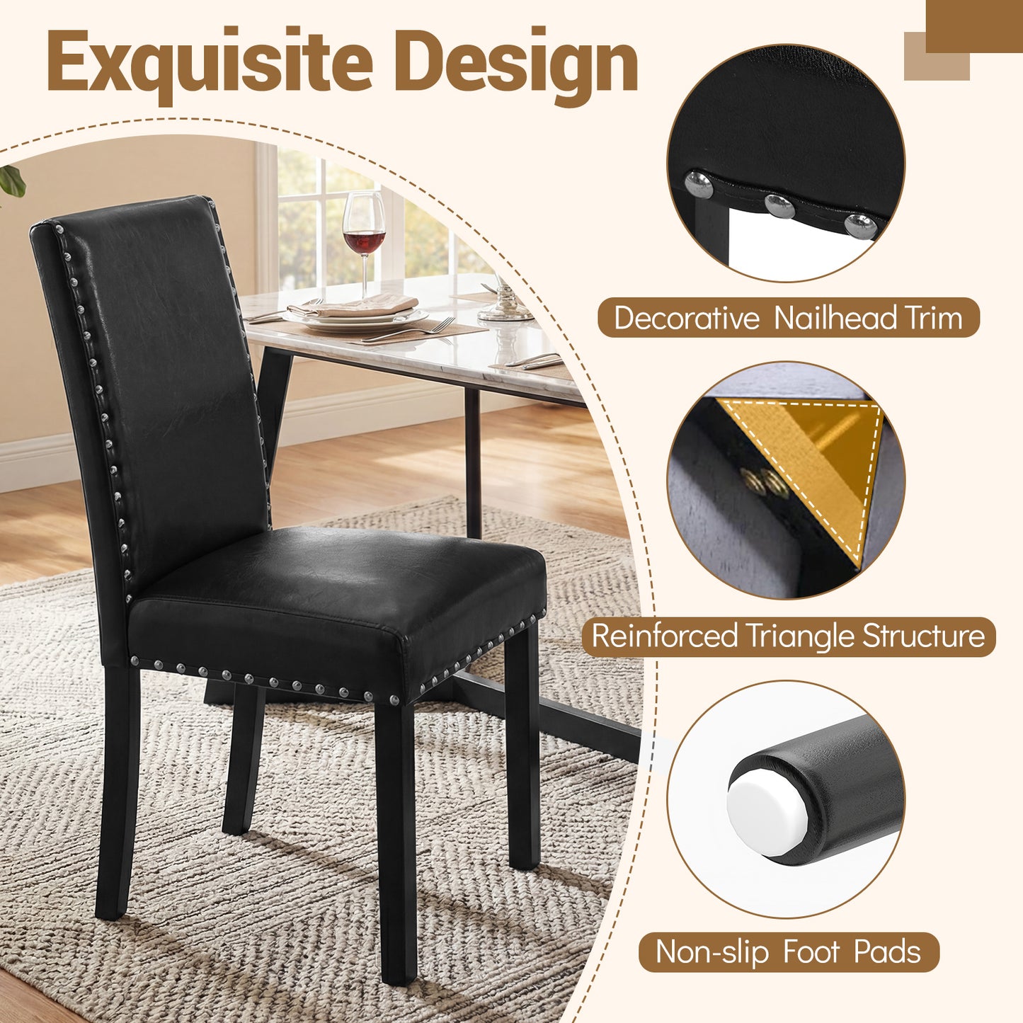 Set of 2 Dining Chairs with Solid Rubber and Wood Legs