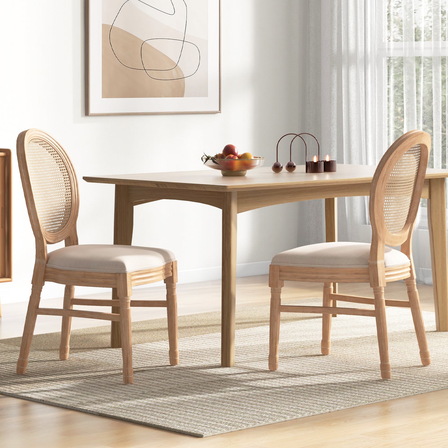 Set of 2 Dining Chairs French Style Kitchen Chair with Hand-Woven Rattan Backrest-Beige