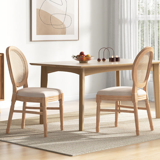 Set of 2 Dining Chairs French Style Kitchen Chair with Hand-Woven Rattan Backrest-Beige