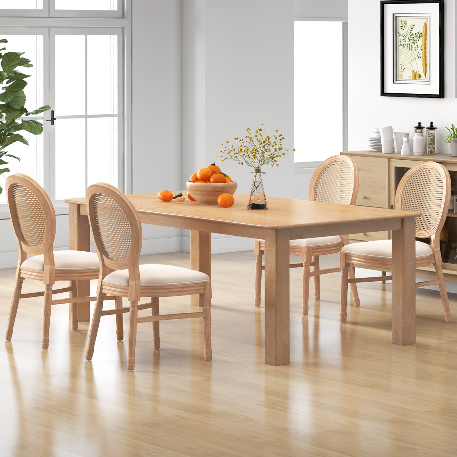 Set of 2 Dining Chairs French Style Kitchen Chair with Hand-Woven Rattan Backrest-Beige