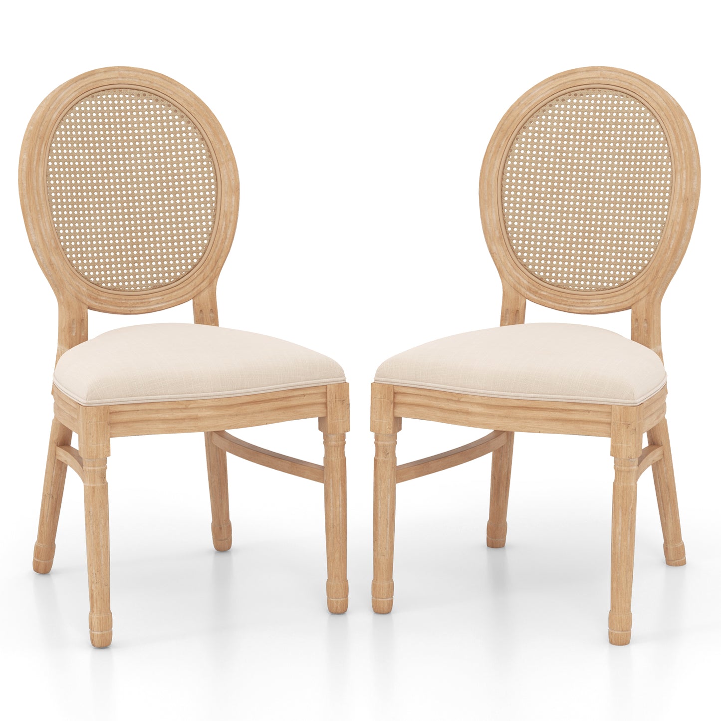 Set of 2 Dining Chairs French Style Kitchen Chair with Hand-Woven Rattan Backrest-Beige