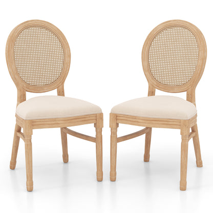 Set of 2 Dining Chairs French Style Kitchen Chair with Hand-Woven Rattan Backrest-Beige