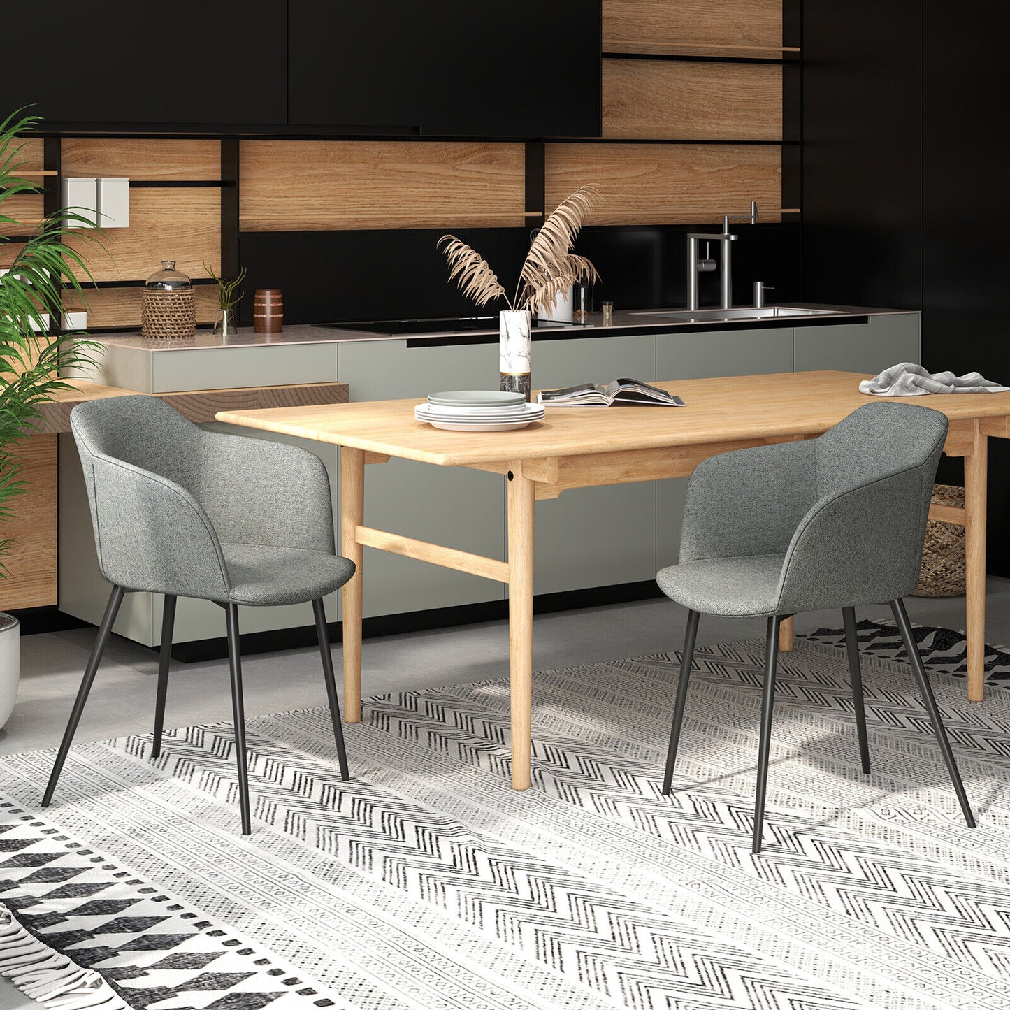 Set of 2 Upholstered Dining Chair with Ergonomic Backrest Design-Gray