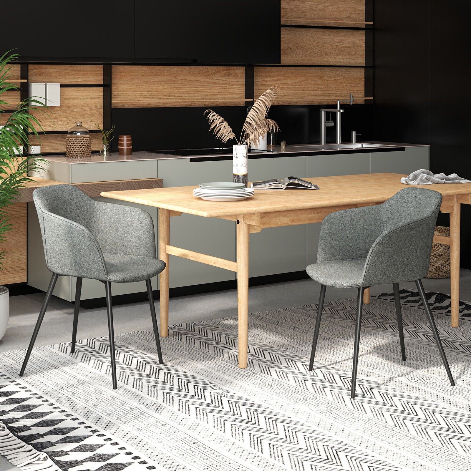 Set of 2 Upholstered Dining Chair with Ergonomic Backrest Design-Gray