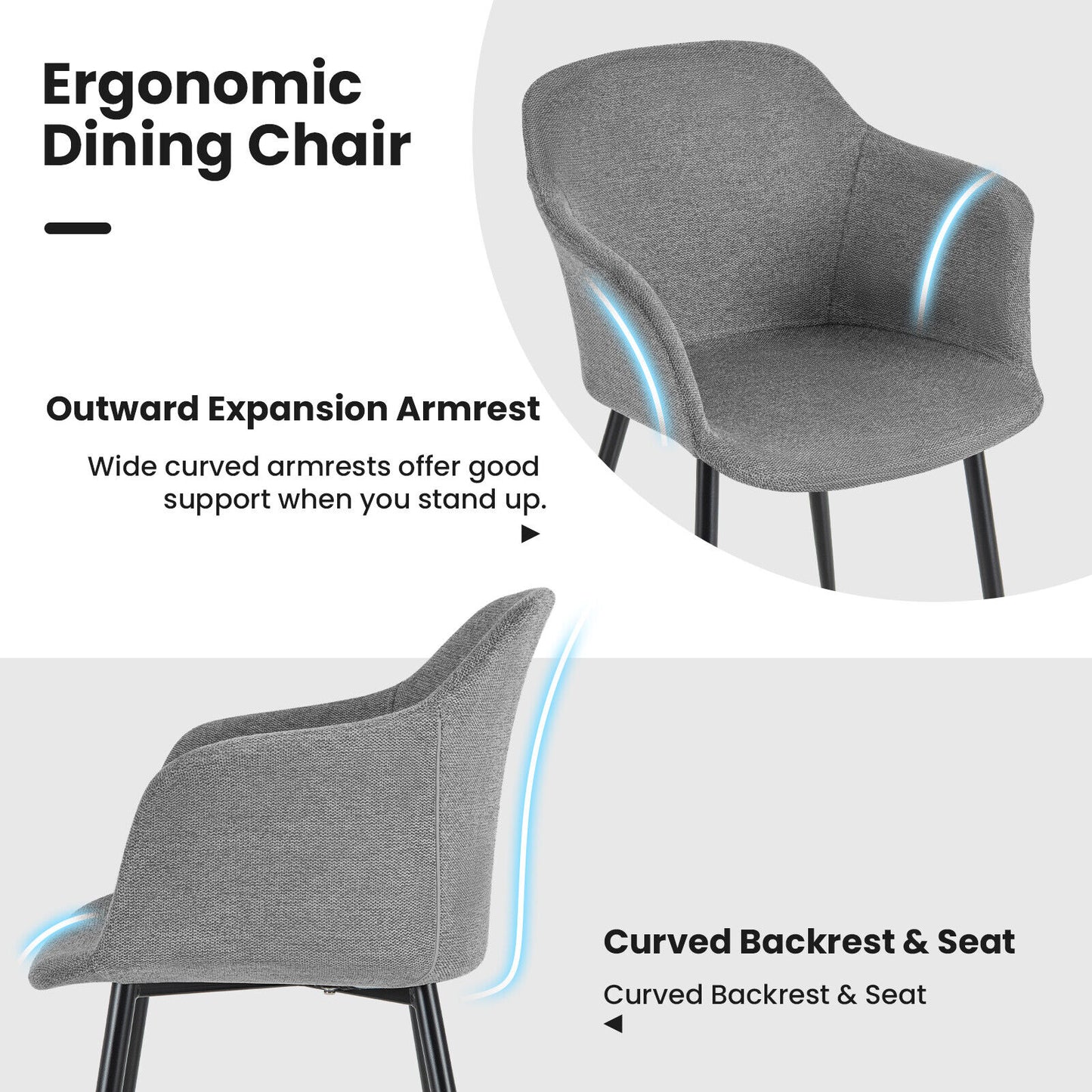 Set of 2 Upholstered Dining Chair with Ergonomic Backrest Design-Gray