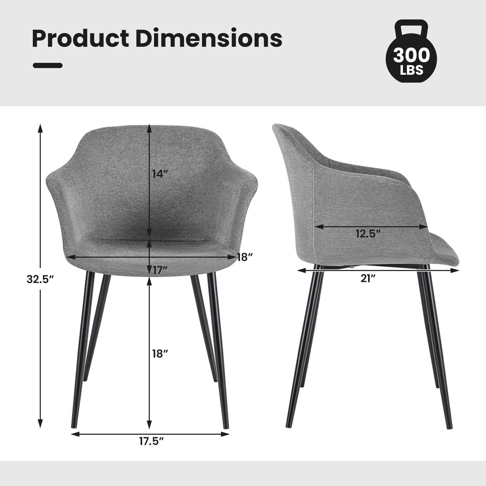 Set of 2 Upholstered Dining Chair with Ergonomic Backrest Design-Gray