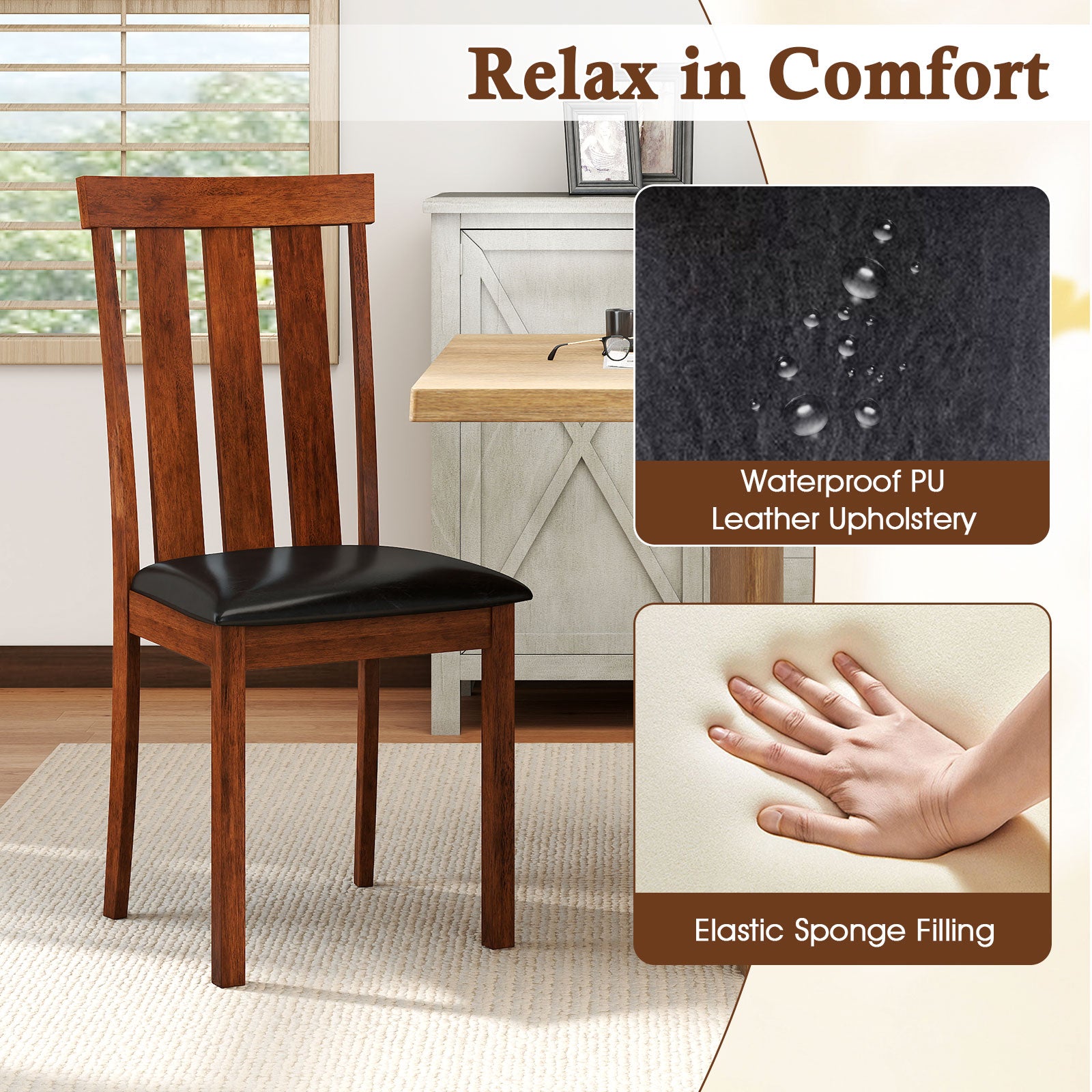 Set of 2 Dining Room Chairs with Rubber Wood Frame PU Leather Seat-Walnut