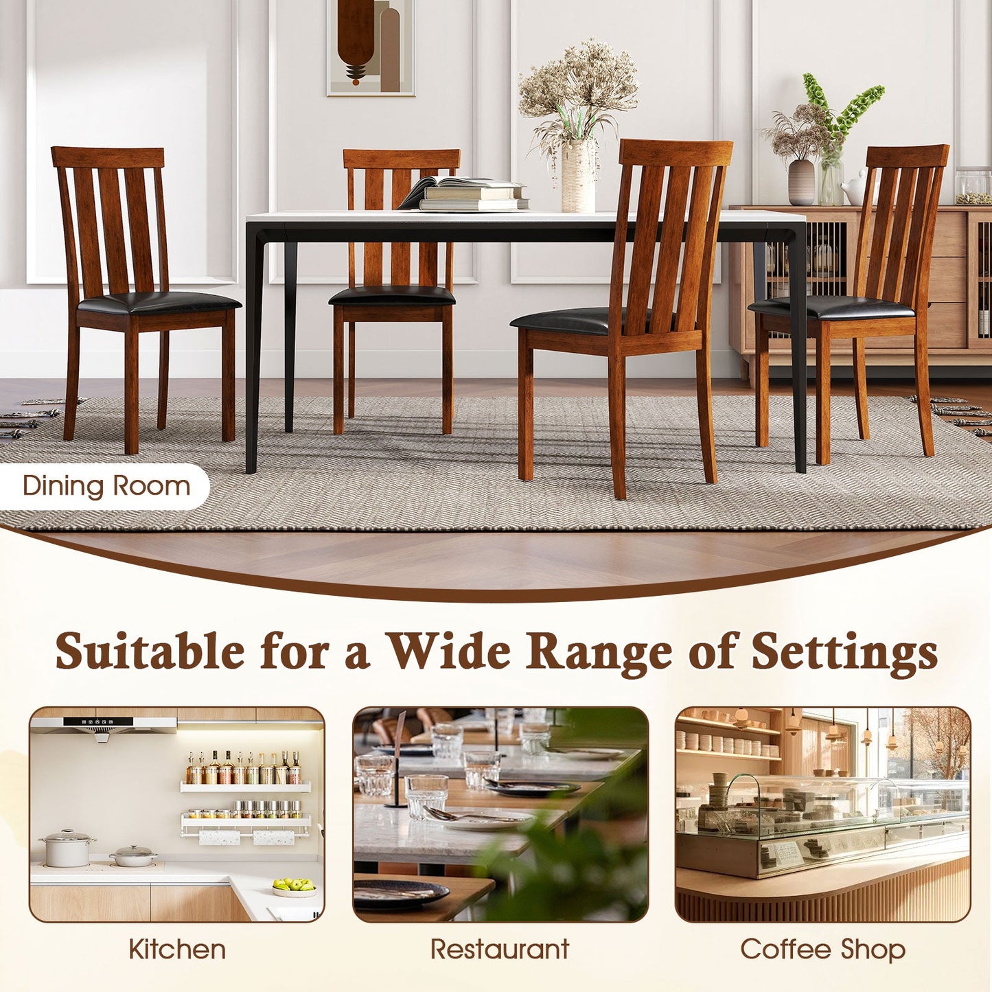 Set of 2 Dining Room Chairs with Rubber Wood Frame PU Leather Seat-Walnut