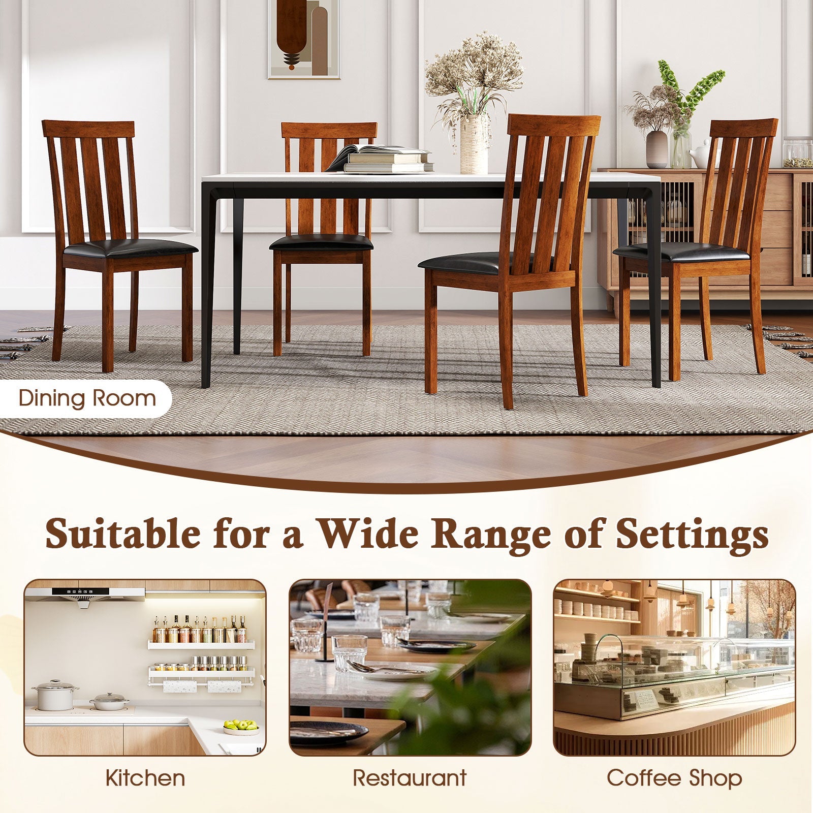 Set of 2 Dining Room Chairs with Rubber Wood Frame PU Leather Seat-Walnut