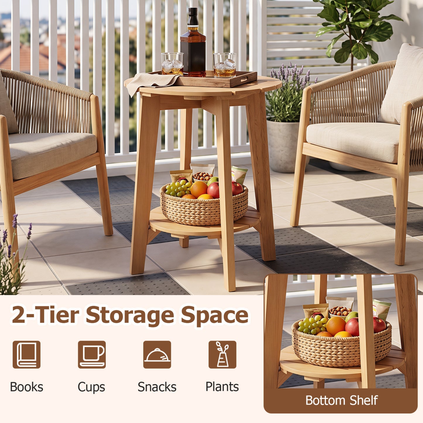 Eucalyptus Wood Side Table Set of 2 with Storage Shelf