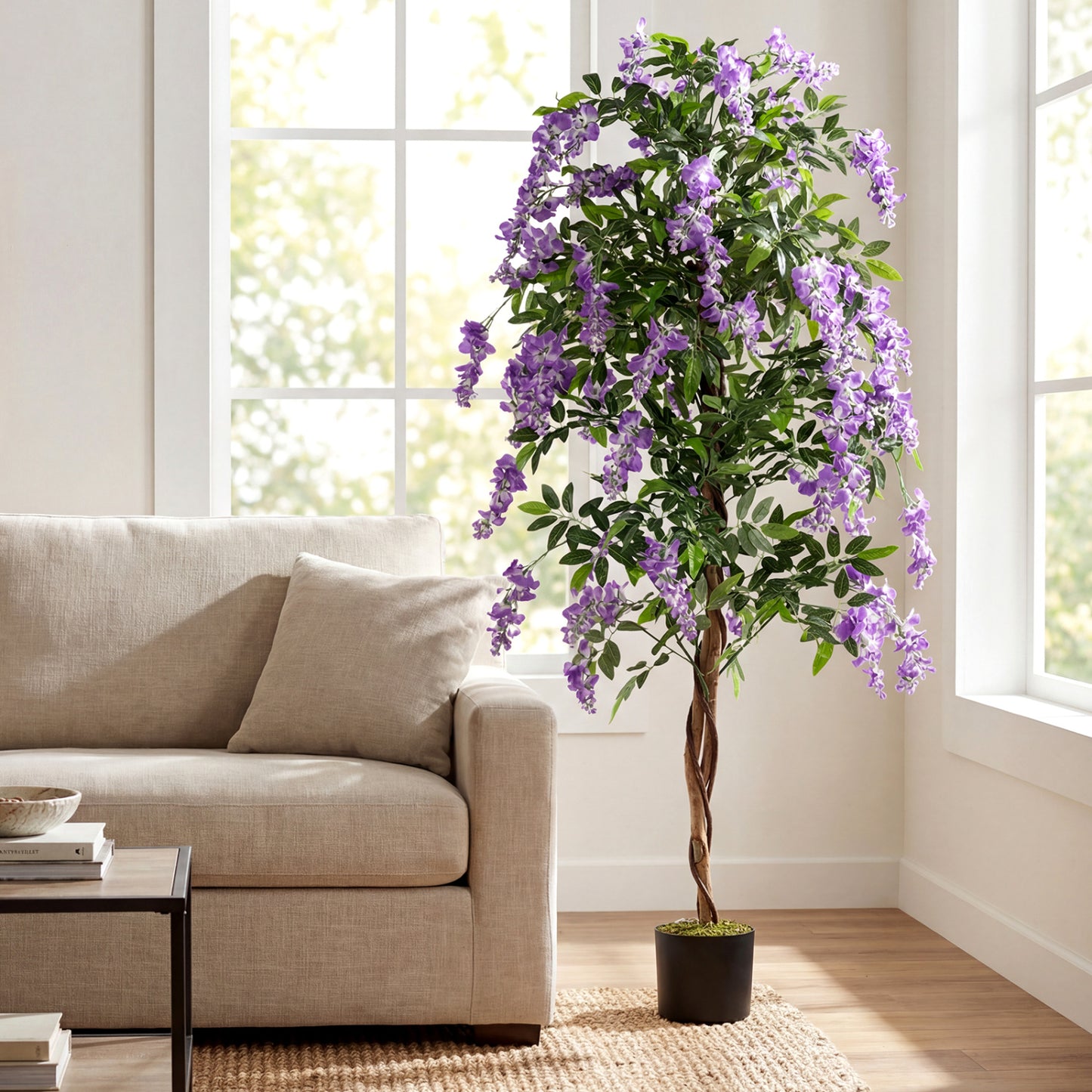 Set of 2 Fake Ficus Plant 6 FT Artificial Wisteria Tree with Natural Trunks and Purple Lifelike Flowers