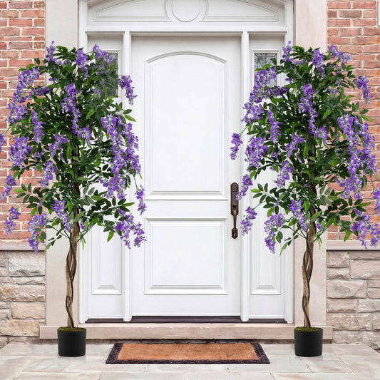 Set of 2 Fake Ficus Plant 6 FT Artificial Wisteria Tree with Natural Trunks and Purple Lifelike Flowers