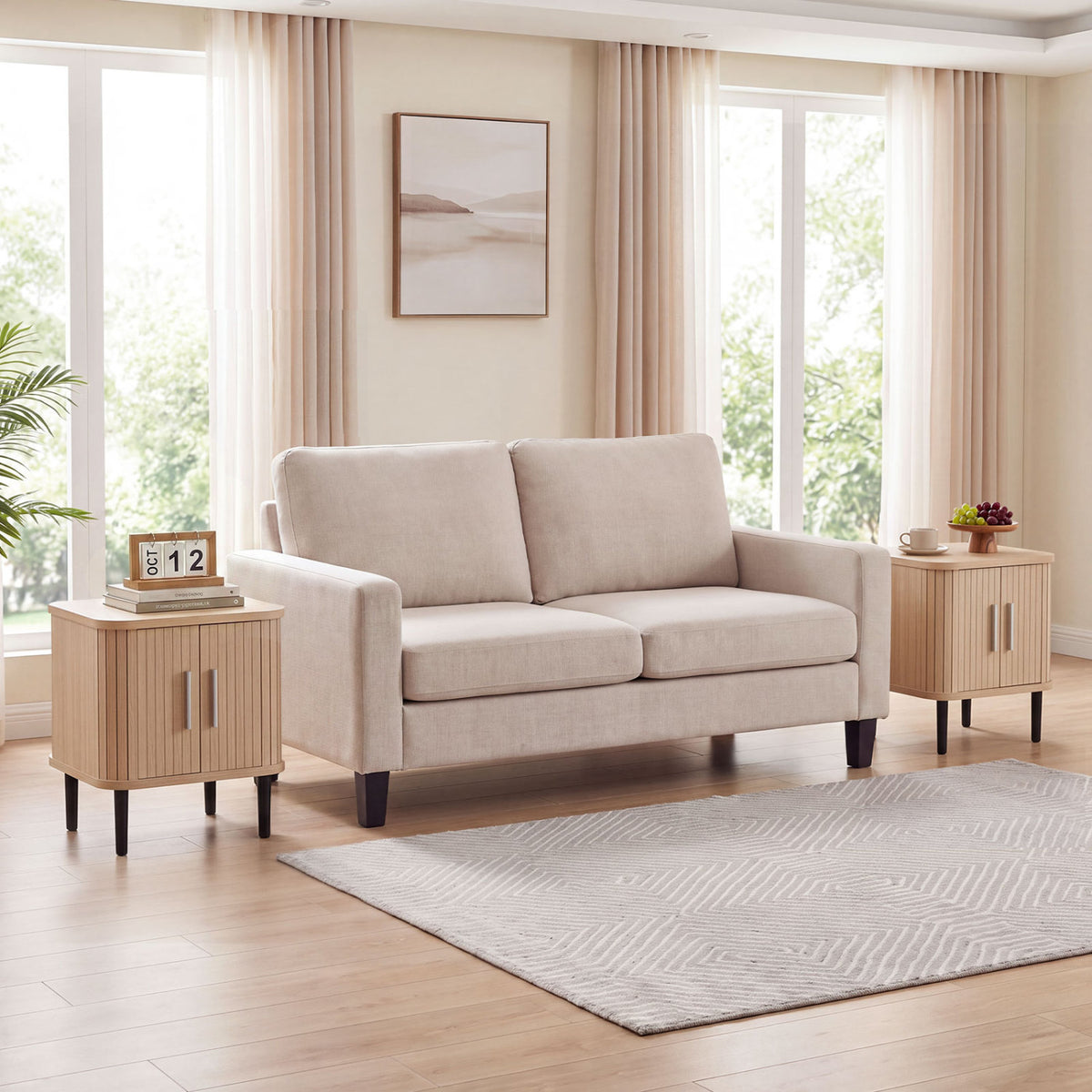 Fluted Nightstand Set with Sliding Doors and Adjustable Shelf