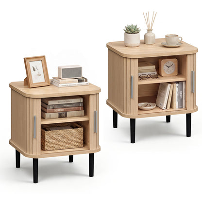Fluted Nightstand Set with Sliding Doors and Adjustable Shelf