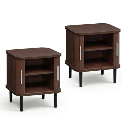 Fluted Nightstand Set with Sliding Doors and Adjustable Shelf
