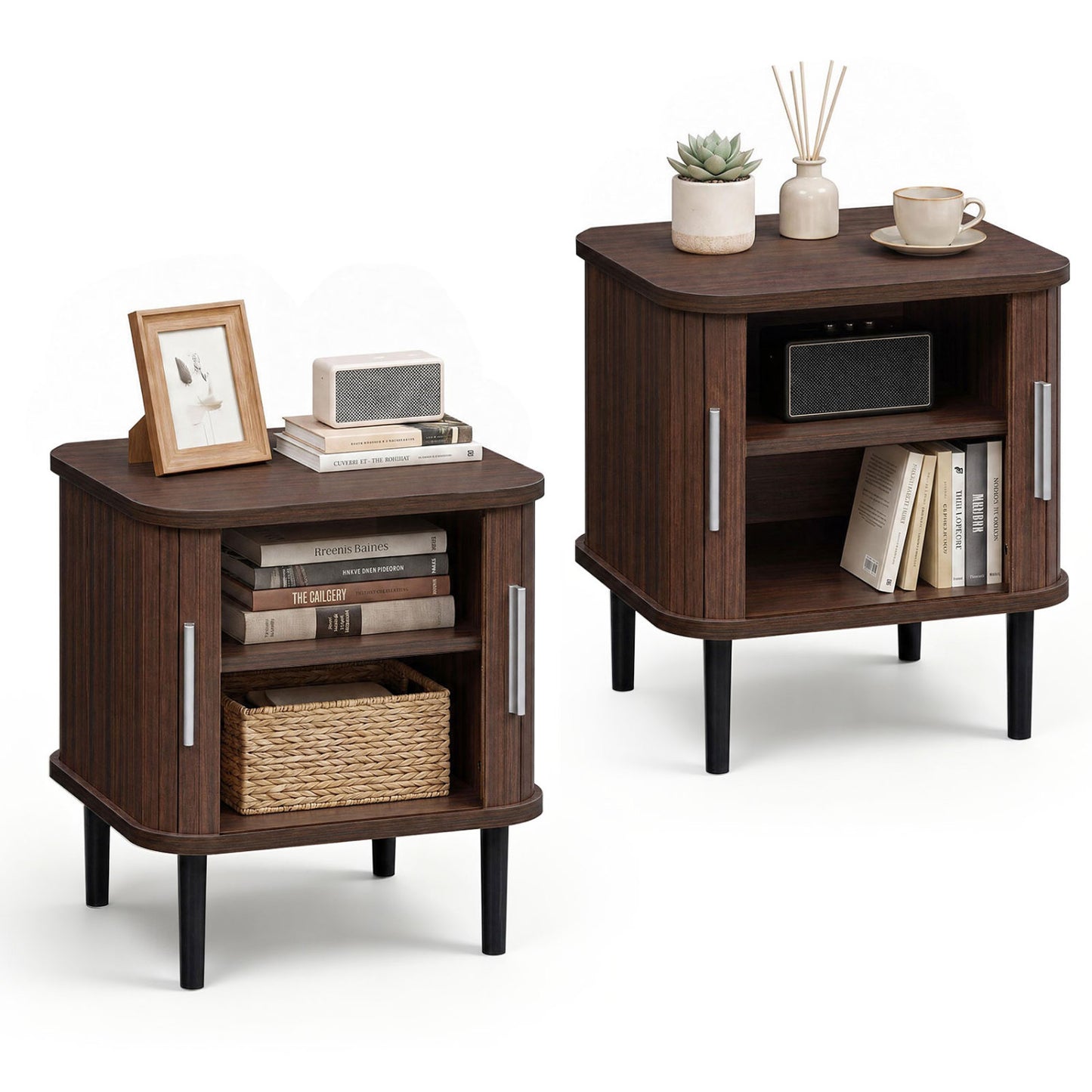 Fluted Nightstand Set with Sliding Doors and Adjustable Shelf