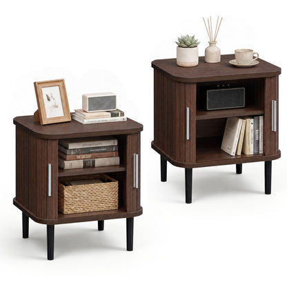 Fluted Nightstand Set with Sliding Doors and Adjustable Shelf