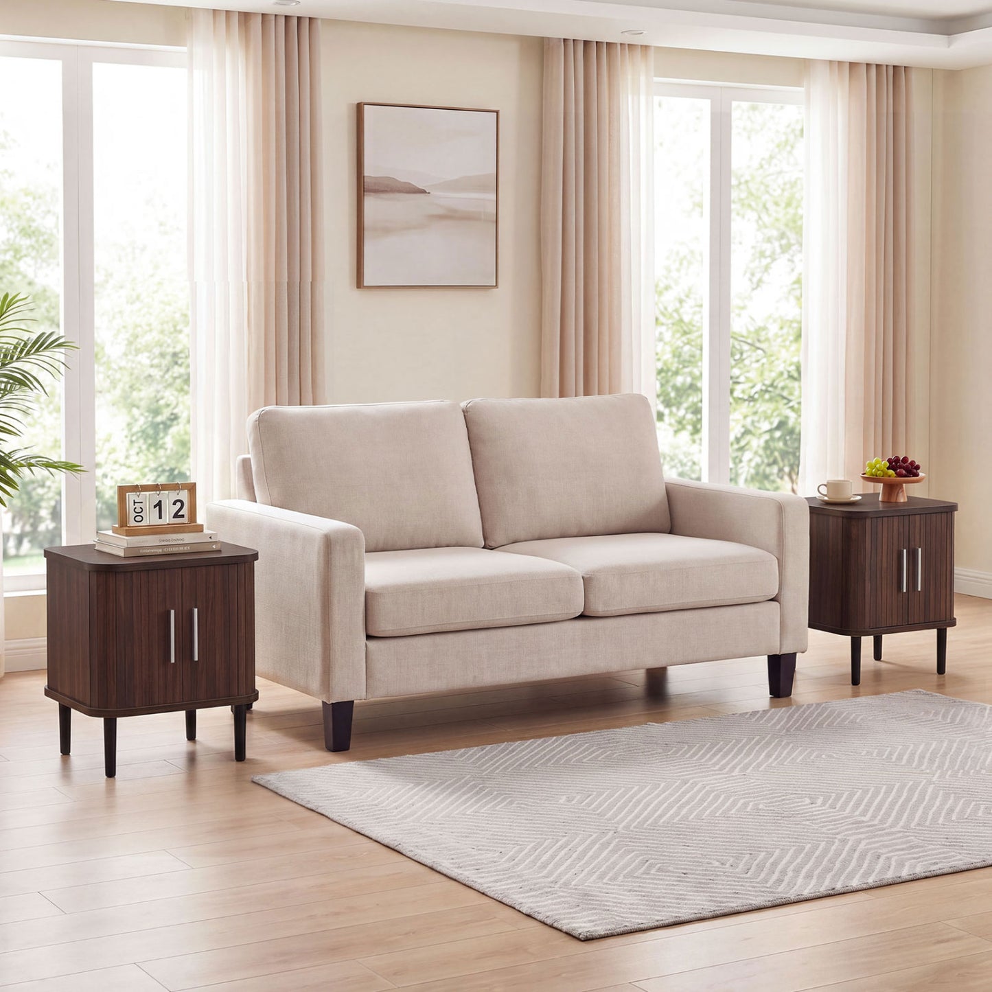 Fluted Nightstand Set with Sliding Doors and Adjustable Shelf