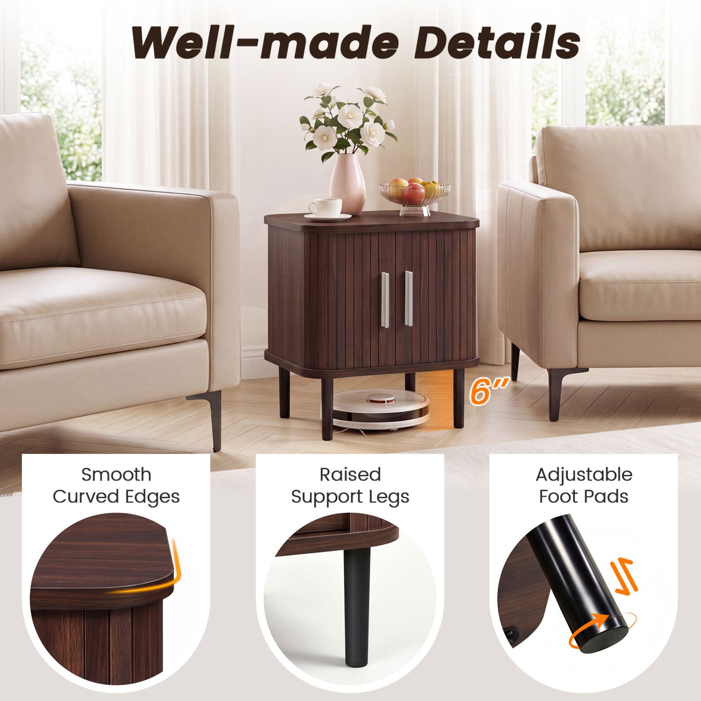 Fluted Nightstand Set with Sliding Doors and Adjustable Shelf