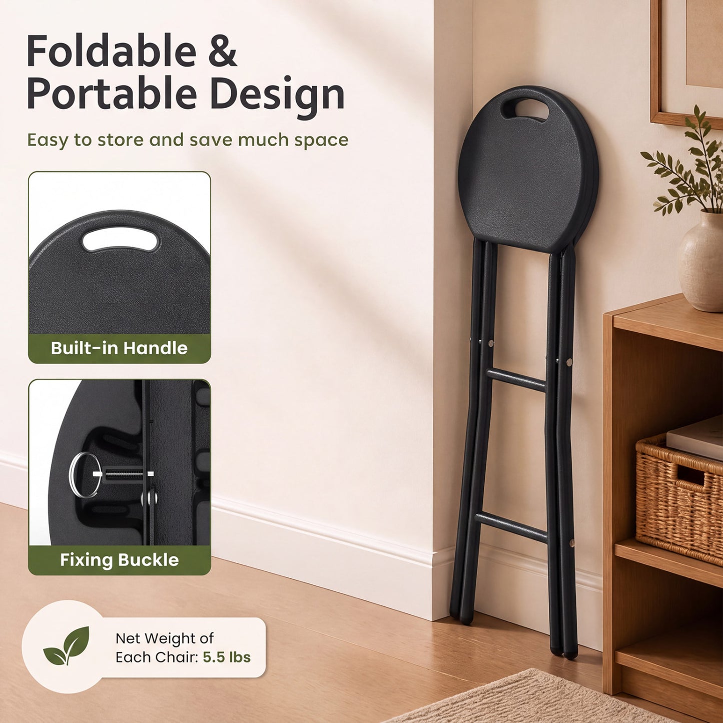 Folding Bar Stool Set of 2 - 27.5" Height with Carry Handle