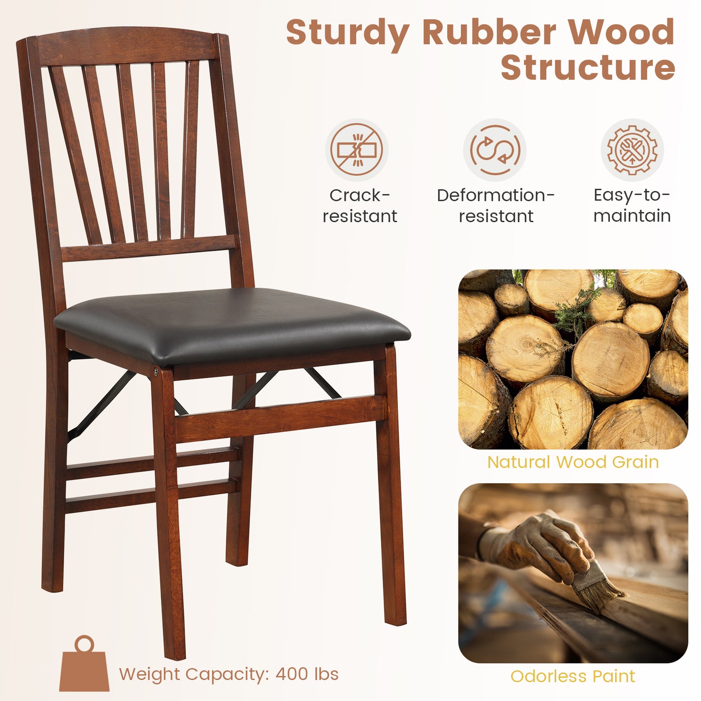Set of 2 Folding Chairs with Padded Seat and Rubber Wood Frame-Brown