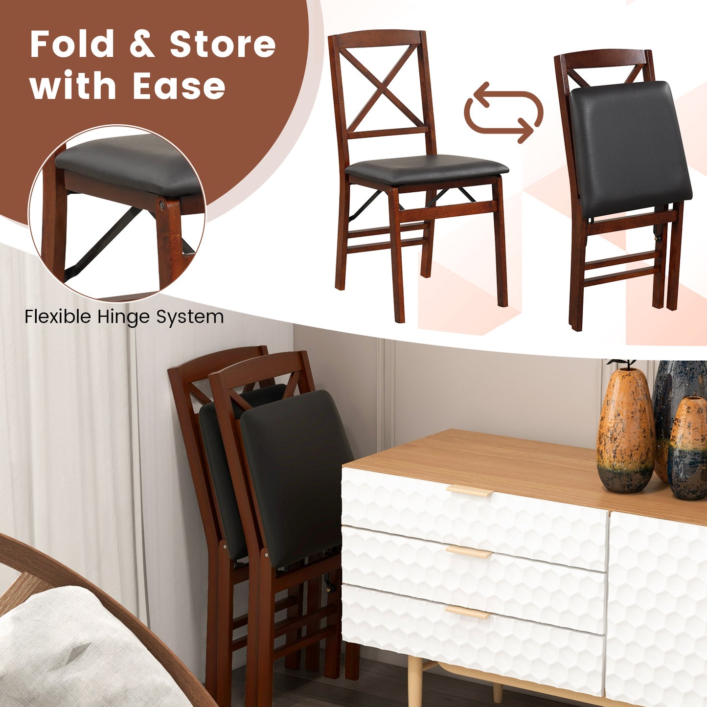 Set of 2 Folding Dining Chairs with 400 LBS Capacity-Brown