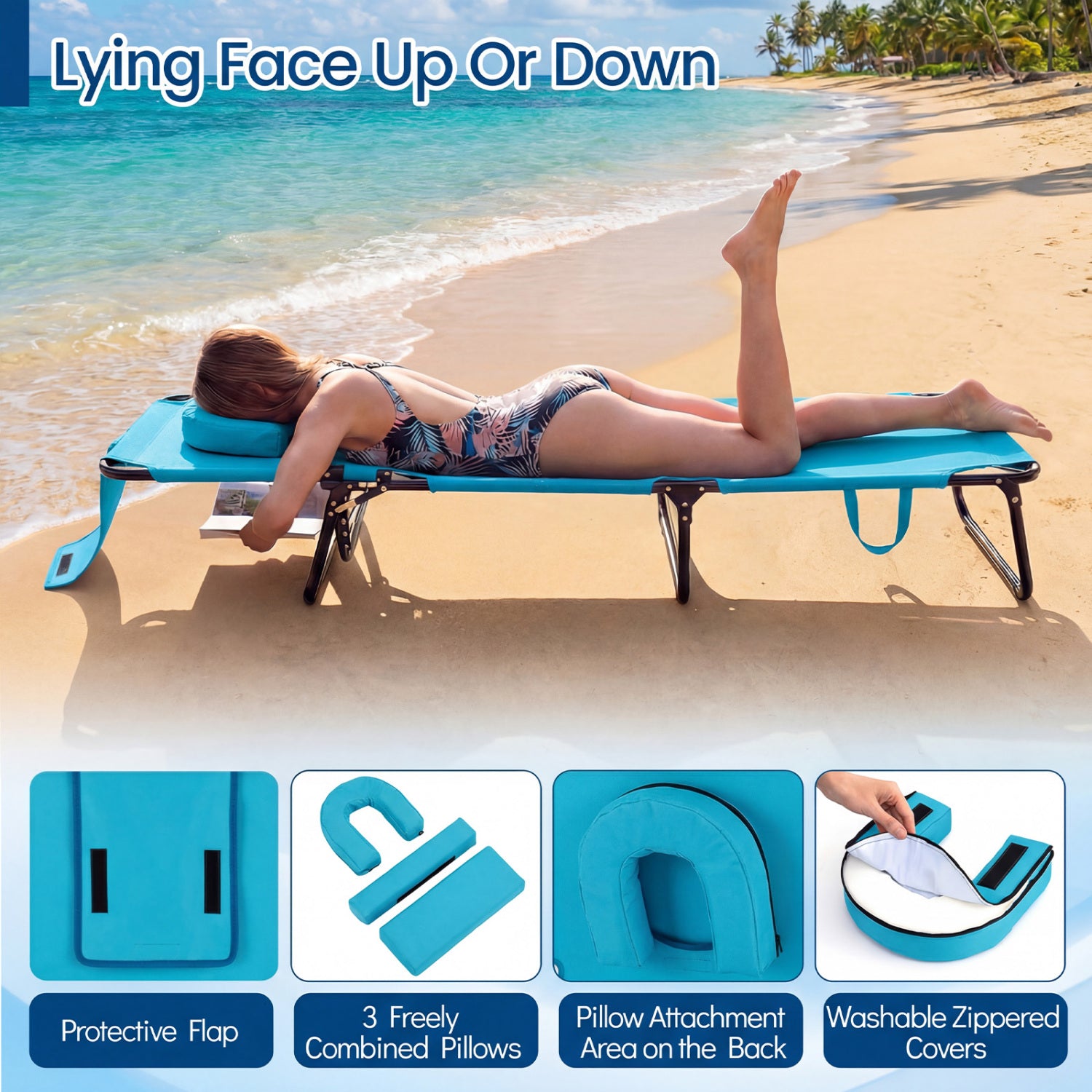 Set of 2 Folding Face Down Tanning Chair with Face Hole 3 Removable Pillows
