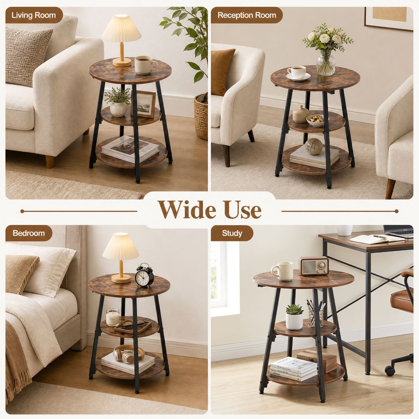 Industrial Side Tables Set of 2 with 3-Tier Shelves