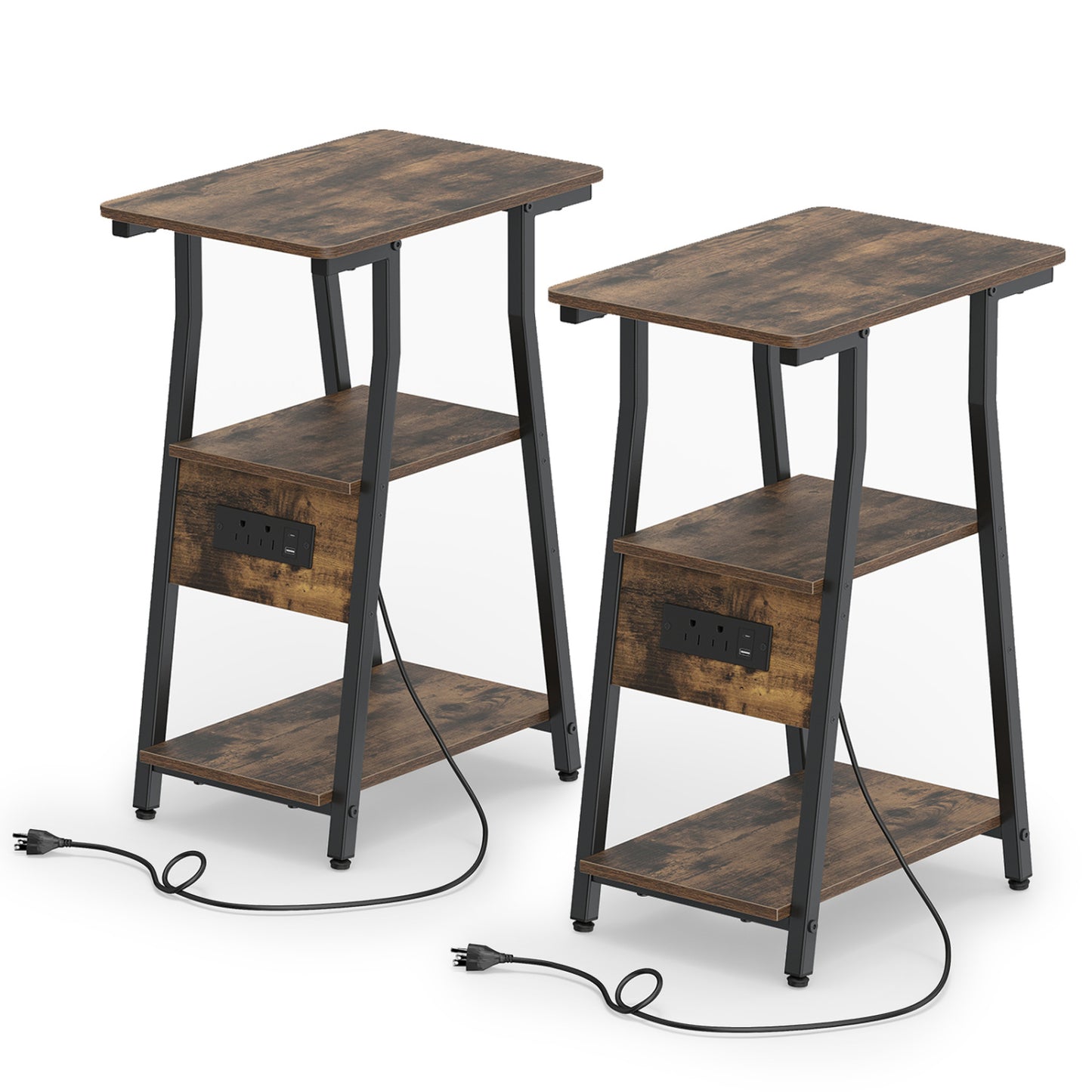 Industrial Side Table with Charging Station & 3-Tier Shelves