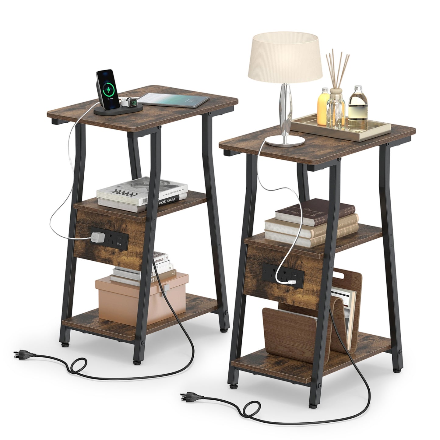 Industrial Side Table with Charging Station & 3-Tier Shelves
